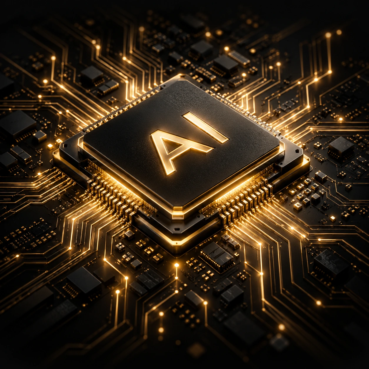 A luminous AI processor with golden energy spreading through its surrounding circuitry.